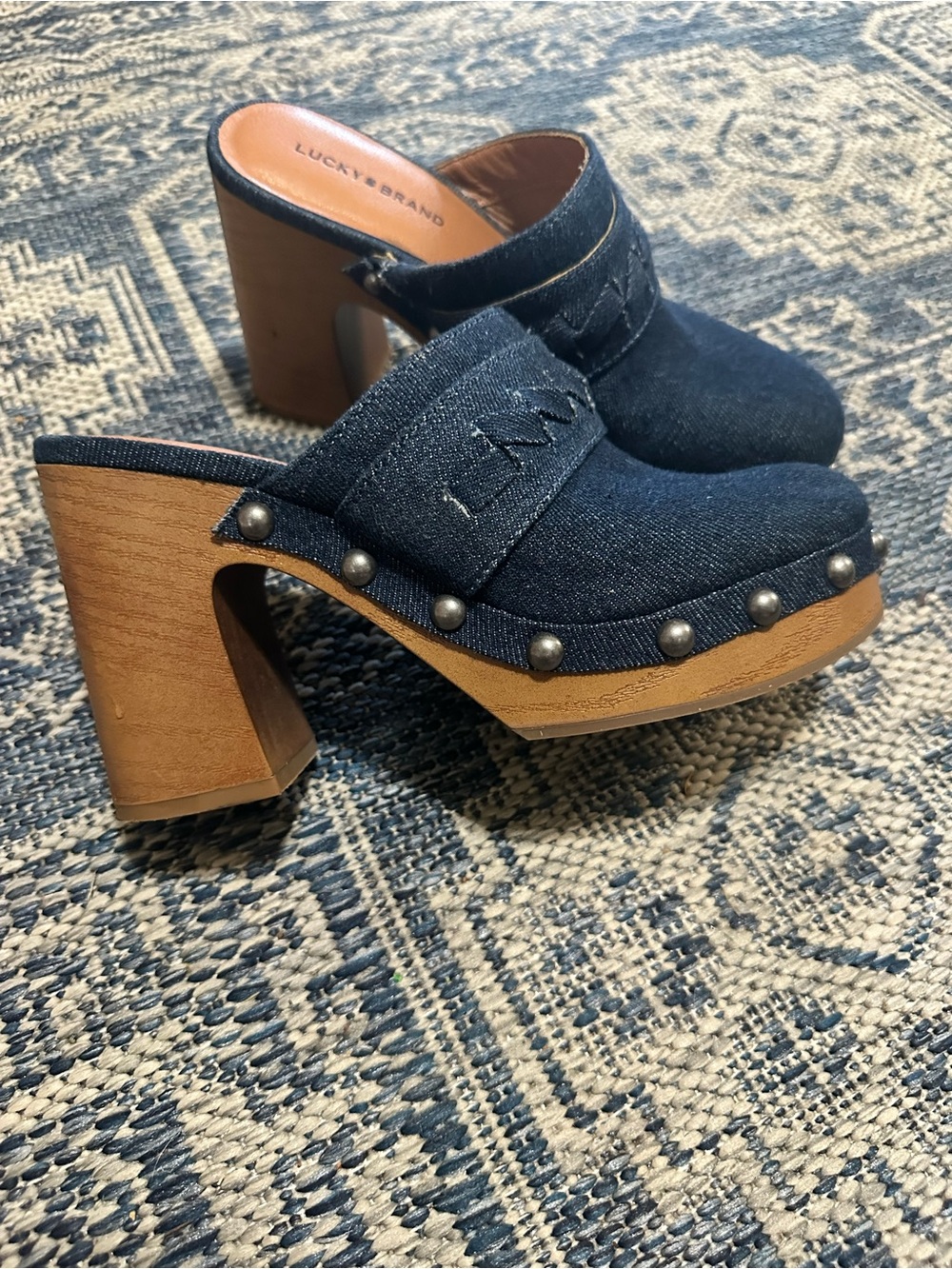 Lucky Brand Dark Blue Denim Studded Clog Heels